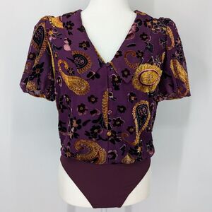 Adelyn Rae Purple Gold Paisley Floral Body Suit Puff Sleeves Peter Pan Collar XS
